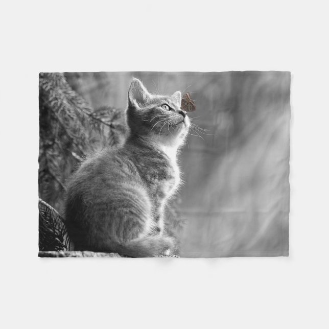 Cute Kitten and Butterfly Fleece Blanket (Front (Horizontal))