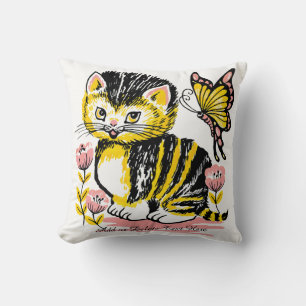 Cute Kitten and Butterfly in Flowers Throw Pillow