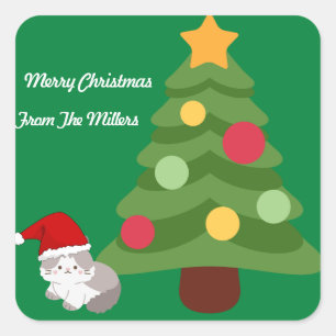 CUTE KITTEN AND CHRISTMAS TREE STICKER