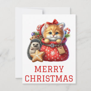 Cute Kitten and Hedgehog Christmas Card