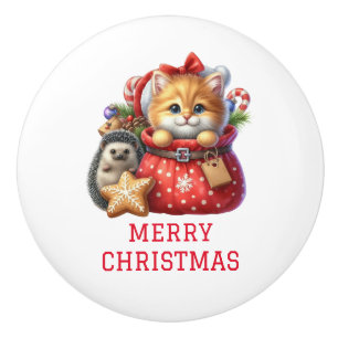 Cute Kitten and Hedgehog Christmas Ceramic Knob
