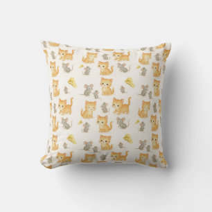 Cute Kitten and Mouse Seamless Pattern Throw Pillow