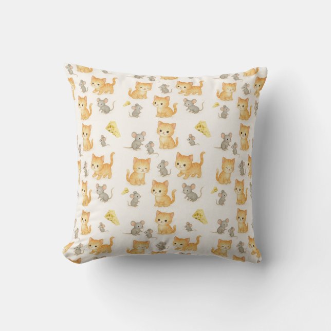 Cute Kitten and Mouse Seamless Pattern Throw Pillow (Front)
