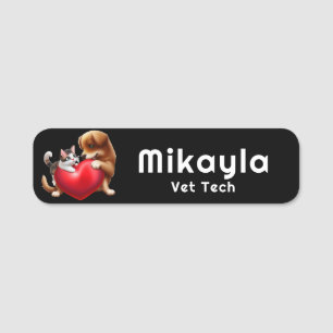 Cute Kitten and Puppy and Heart Name Tag