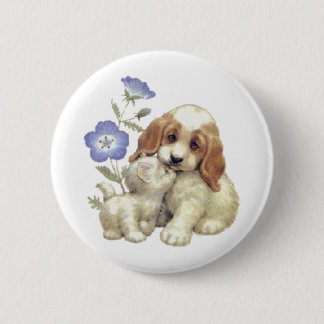 Cute Kitten And Puppy With Flowers 2 Inch Round Button