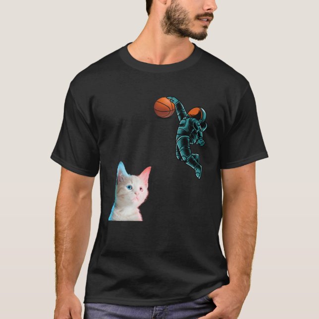 Cute Kitten Astronaut Playing Basketball For Cat T-Shirt (Front)