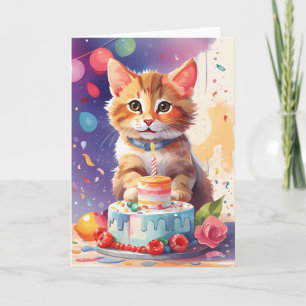 Cute Kitten at Party with Cake Card