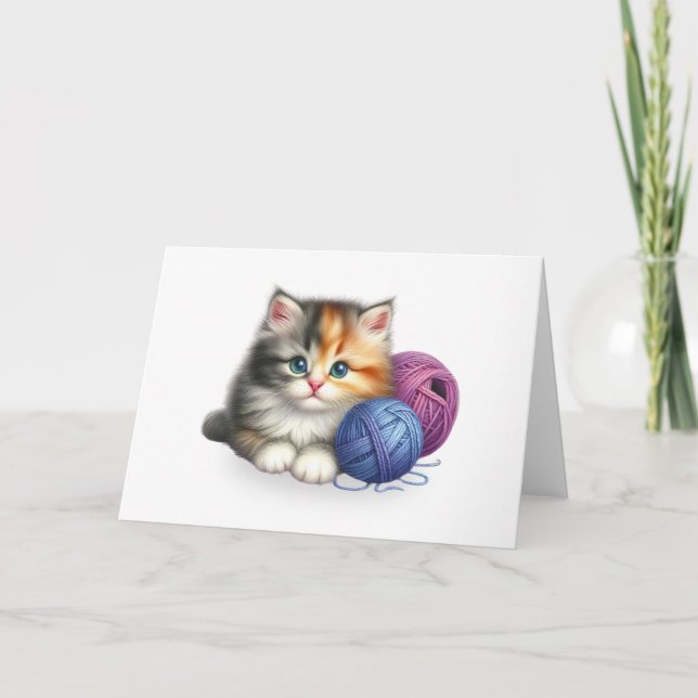 Cute Kitten avec boules de Fil blanc carte de voeu (Devant)