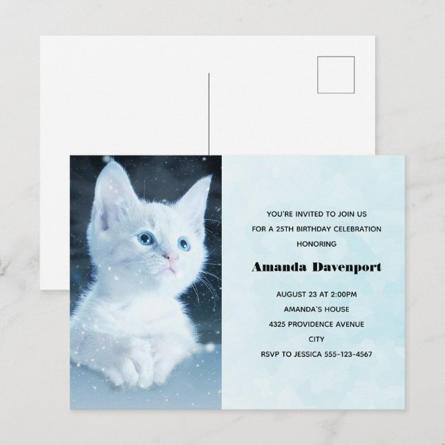 Cute Kitten blanc aux yeux bleus Invitation d'anni (Devant / Derrière)