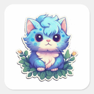 Cute Kitten Blue Square Sticker
