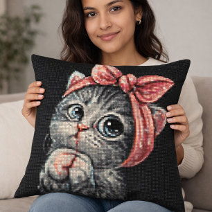 Cute Kitten Bow Cross Stitch Throw Pillow