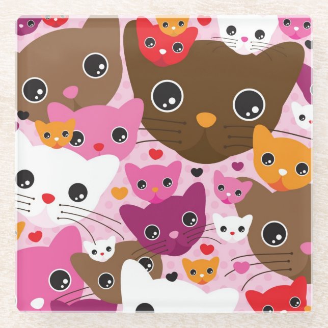 cute kitten cat background pattern glass coaster (Front)