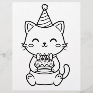 Cute Kitten Cat Birthday Colouring Page   Kawaii