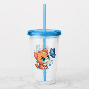 Cute kitten/cat & butterfly acrylic tumbler