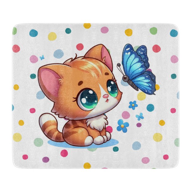 Cute kitten/cat & butterfly  cutting board (Front)