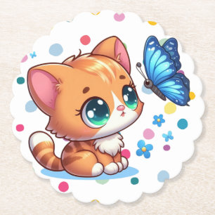 Cute kitten/cat & butterfly paper coaster