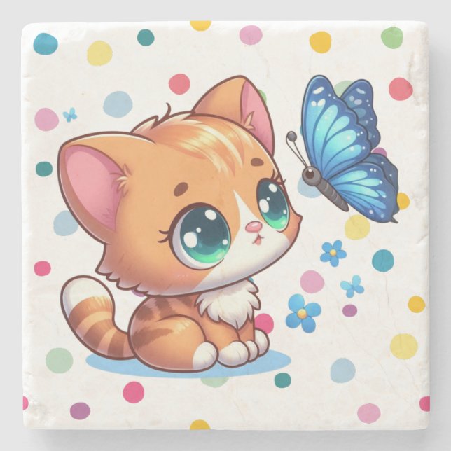 Cute kitten/cat & butterfly  stone coaster (Front)