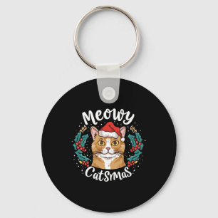 Cute Kitten Cat Christmas Santa Hat Meowy Catmas W Keychain