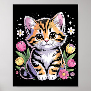 Cute Kitten Cat Floral Kawaii Poster