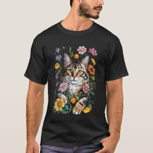 Cute Kitten Cat Flower Floral Garden T-Shirt