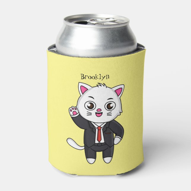 Cute kitten cat in business suit cartoon can cooler (Can Front)
