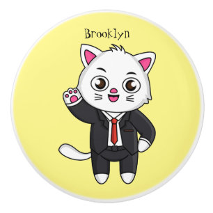 Cute kitten cat in business suit cartoon  ceramic knob