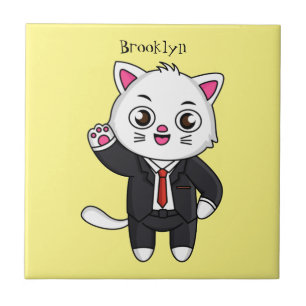 Cute kitten cat in business suit cartoon tile
