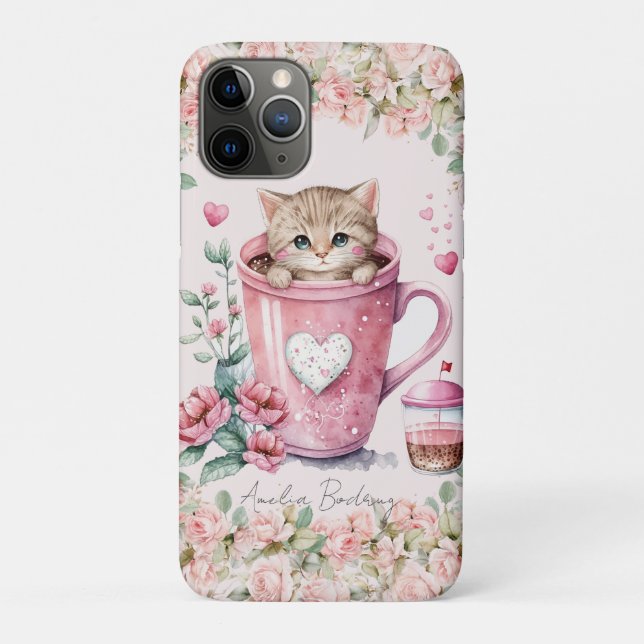 Cute Kitten Cat in Cup Blush Pink Roses Flowers Case-Mate iPhone Case (Back)