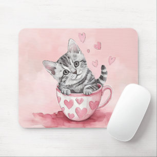 CUTE KITTEN CAT IN VALENTINES DAY TEACUP MOUSE PAD