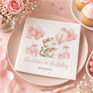 Cute Kitten Cat Pink Balloons 1st 2nd 3rd Birthday Napkin