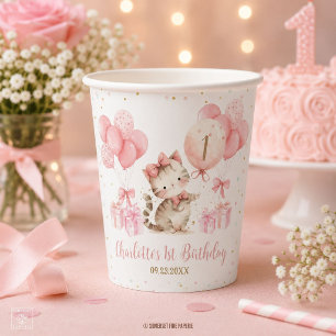 Cute Kitten Cat Pink Balloons 1st 2nd 3rd Birthday Paper Cups