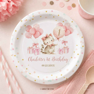 Cute Kitten Cat Pink Balloons 1st 2nd 3rd Birthday Paper Plate
