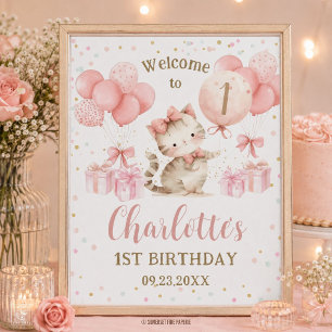 Cute Kitten Cat Pink Balloons 1st 2nd 3rd Birthday Poster