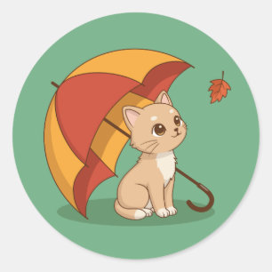 Cute Kitten Cat Red Yellow Umbrella Fall Green Classic Round Sticker