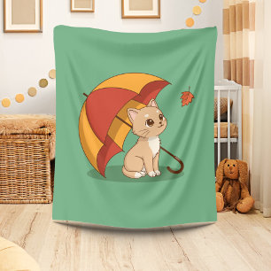 Cute Kitten Cat Red Yellow Umbrella Fall Green Fleece Blanket