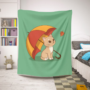 Cute Kitten Cat Red Yellow Umbrella Fall Green Sherpa Blanket