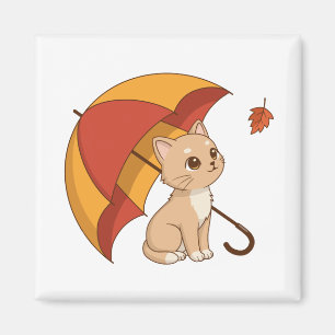 Cute Kitten Cat Red Yellow Umbrella Fall Magnet