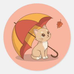 Cute Kitten Cat Red Yellow Umbrella Fall Pink Classic Round Sticker