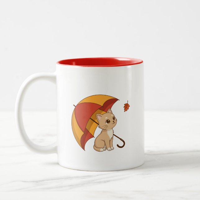Cute Kitten Cat Red Yellow Umbrella Fall Two-Tone Coffee Mug (Left)