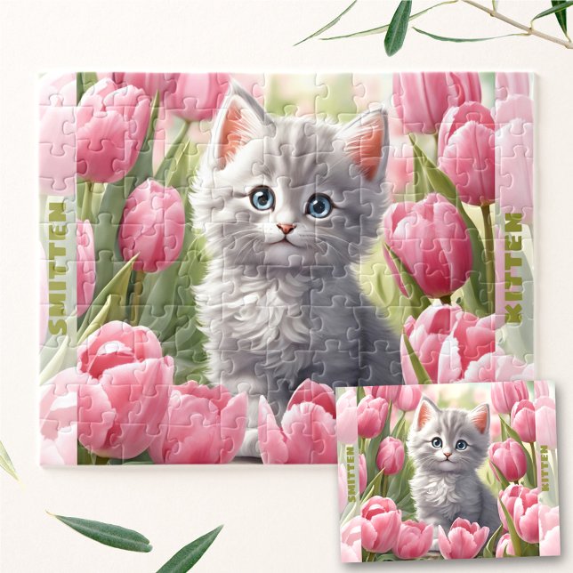 Cute Kitten Cat Spring Tulip Floral Custom Name Jigsaw Puzzle (Cute Kitten Cat Spring Tulip Floral Custom Name Jigsaw Puzzle)