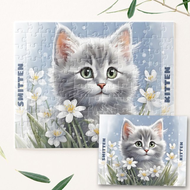 Cute Kitten Cat Winter Spring Floral Custom Name Jigsaw Puzzle (Cute Kitten Cat Winter Spring Floral Custom Name Jigsaw Puzzle)