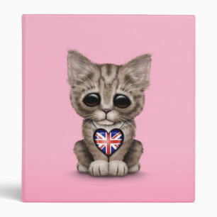 Cute Kitten Cat with British Flag Heart, pink Binder