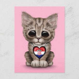 Cute Kitten Cat with Croatian Flag Heart, pink Postcard