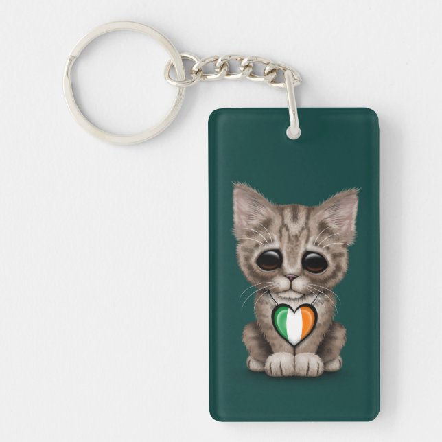 Cute Kitten Cat with Irish Flag Heart, teal Keychain (Front)