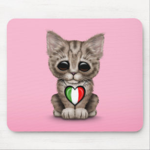 Cute Kitten Cat with Italian Flag Heart, pink Mouse Pad