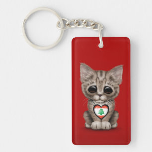 Cute Kitten Cat with Lebanese Flag Heart, red Keychain