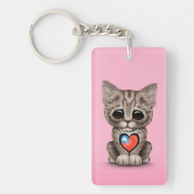 Cute Kitten Cat with Taiwanese Flag Heart, pink Keychain (Front)