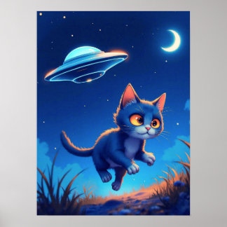 Cute Kitten Chased by a UFO Poster