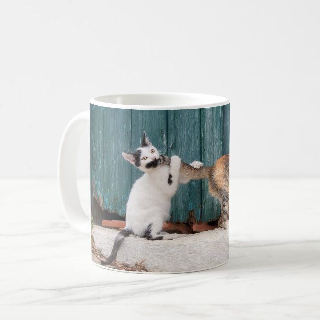 Cute Kitten Chasing Mom's Tail Funny Cat Photo - Coffee Mug (Front Left)