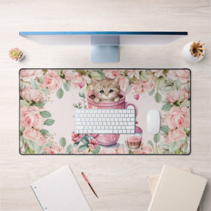 Cute Kitten Chat en Coupe Fleurs Roses Roses Roses